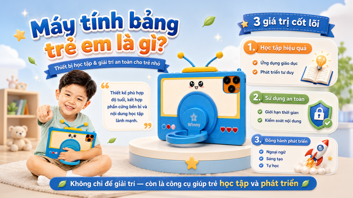 Máy tính bảng trẻ em là gì? Có nên mua cho bé không? Máy tính bảng trẻ em là dòng thiết bị được thiết kế chuyên biệt dành cho trẻ nhỏ, kết hợp giữa phần cứng phù hợp với độ tuổi và hệ sinh thái phần mềm hỗ trợ học tập, giải trí lành mạnh.Khác với máy tính bảng thông thường vốn được tạo ra cho nhiều nhóm người dùng khác nhau, máy tính bảng trẻ em tập trung vào ba mục tiêu quan trọng